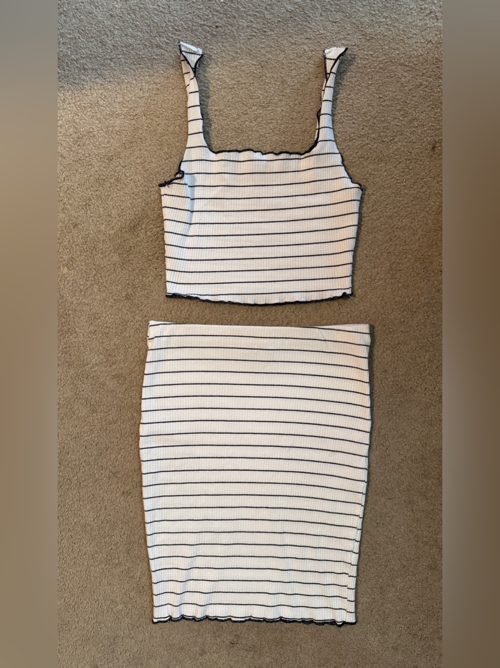Fashion Nova White and Black Striped Ribbed Two-Piece Skirt Set